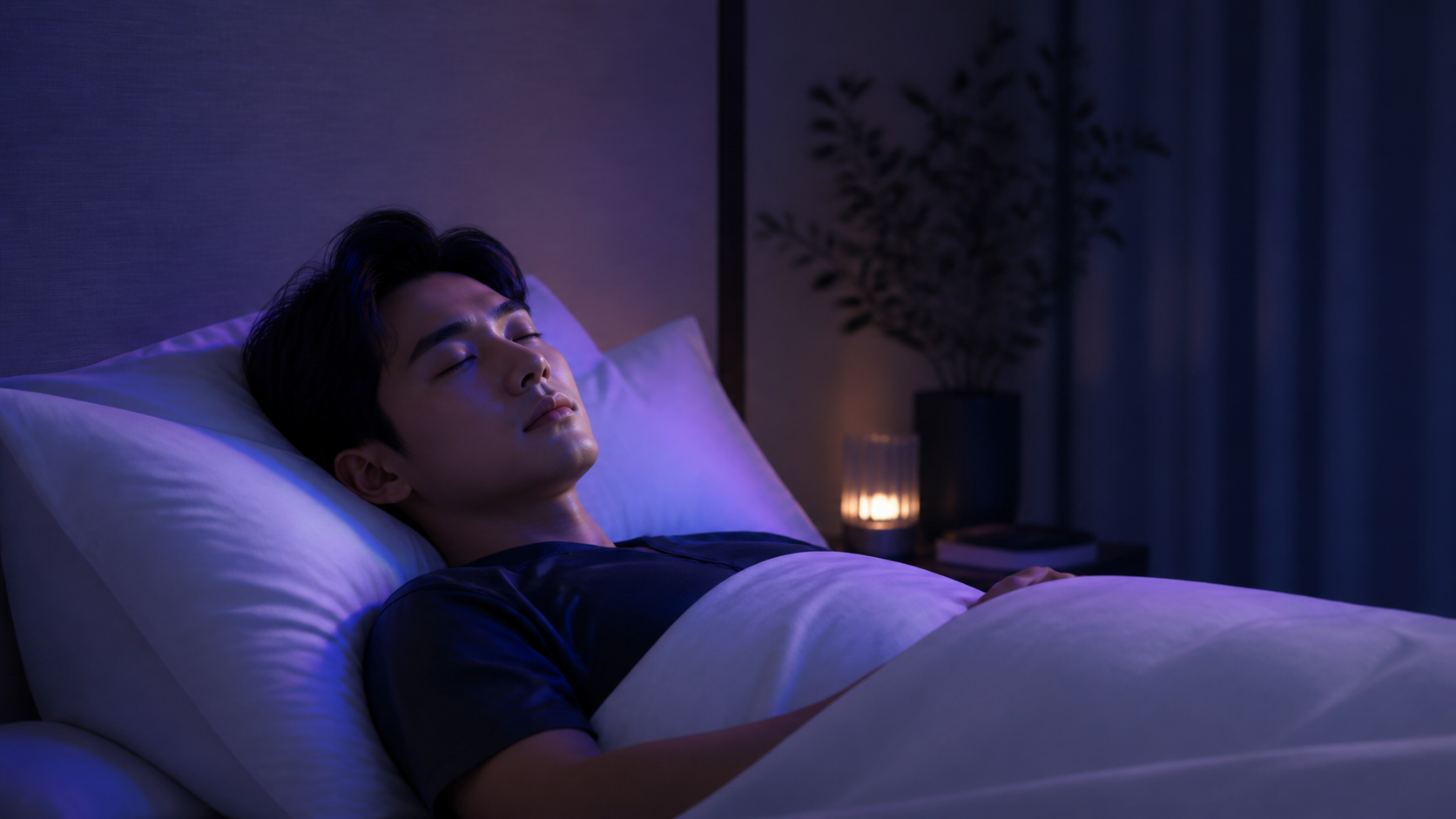 Person sleeping in a calm blue and violet bedroom