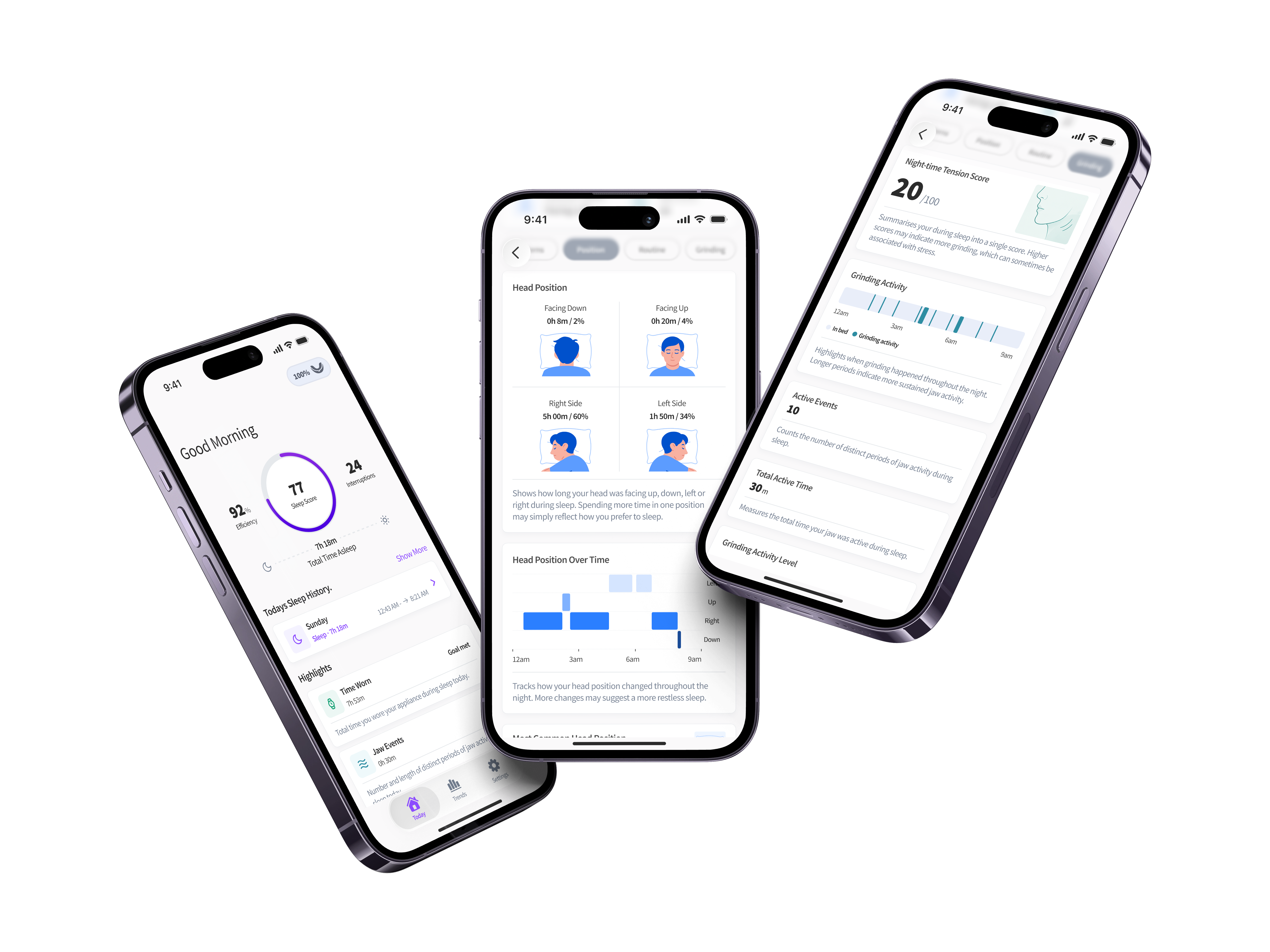 ORB Sleep App screens showing the nightly overview, head position and teeth grinding insights